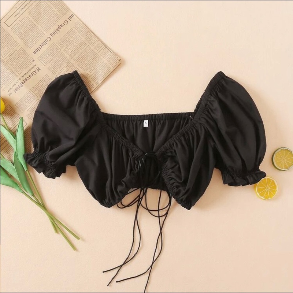 SHEIN Tie front puff sleeve crop top.